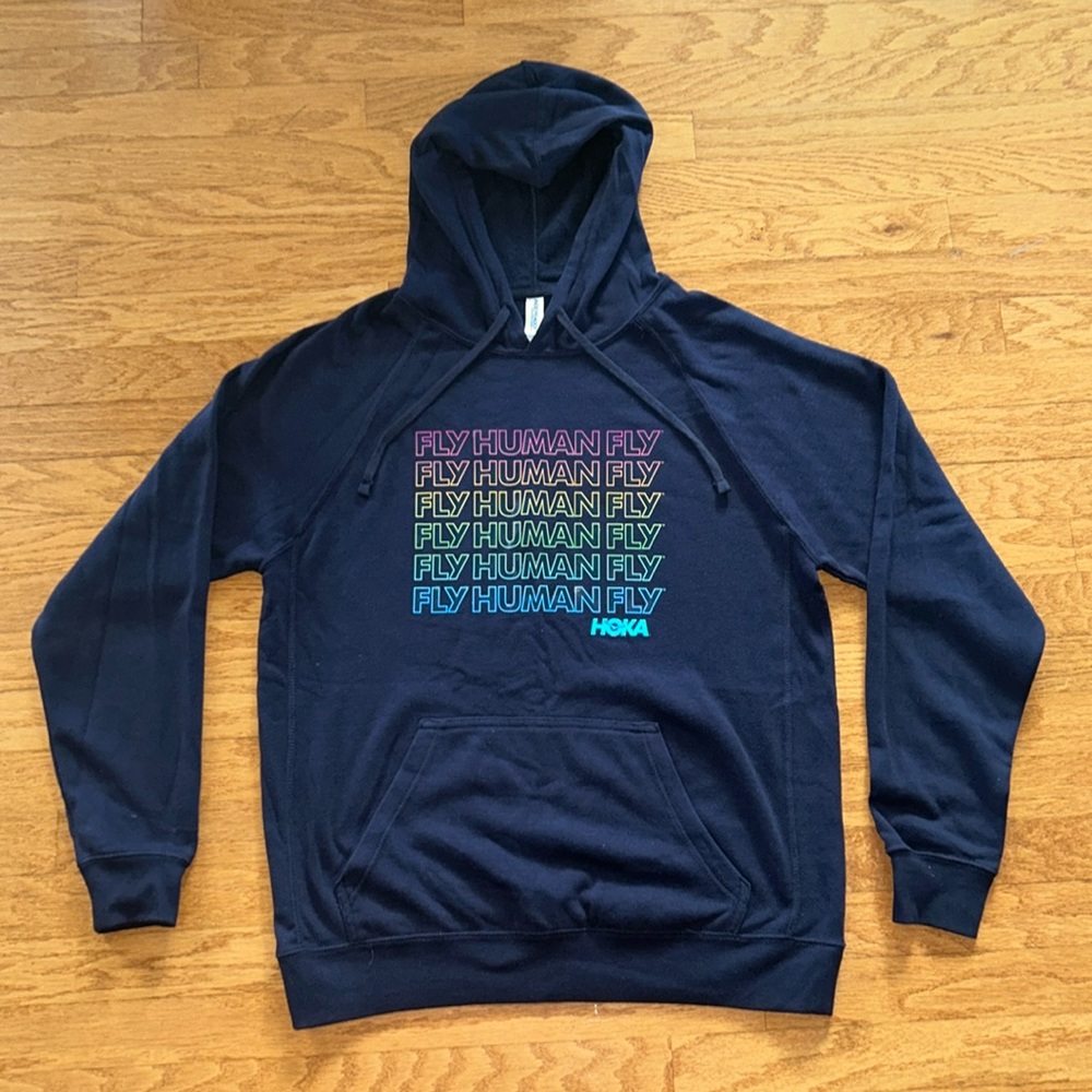 HOKA FLY HUMAN FLY HOODIE SWEATESHIRT - UNISEX LARGE NAVY BLUE WITH RAINBOW LOGO